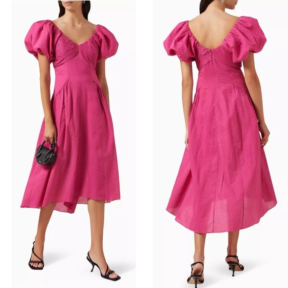 FRAME Puff-sleeve Textured Midi Dress V-neck A-line High Low Flounce Hem Small - Picture 6 of 16